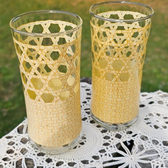 Libbey tumbler drinking glasses set of 2 woven rattan cane pattern vintage 1970s - Picture 2 of 9